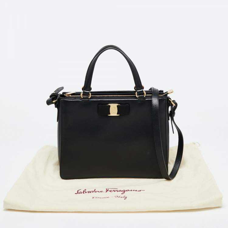 Pre Owned Salvatore Ferragamo Black Leather Vara Bow Tote