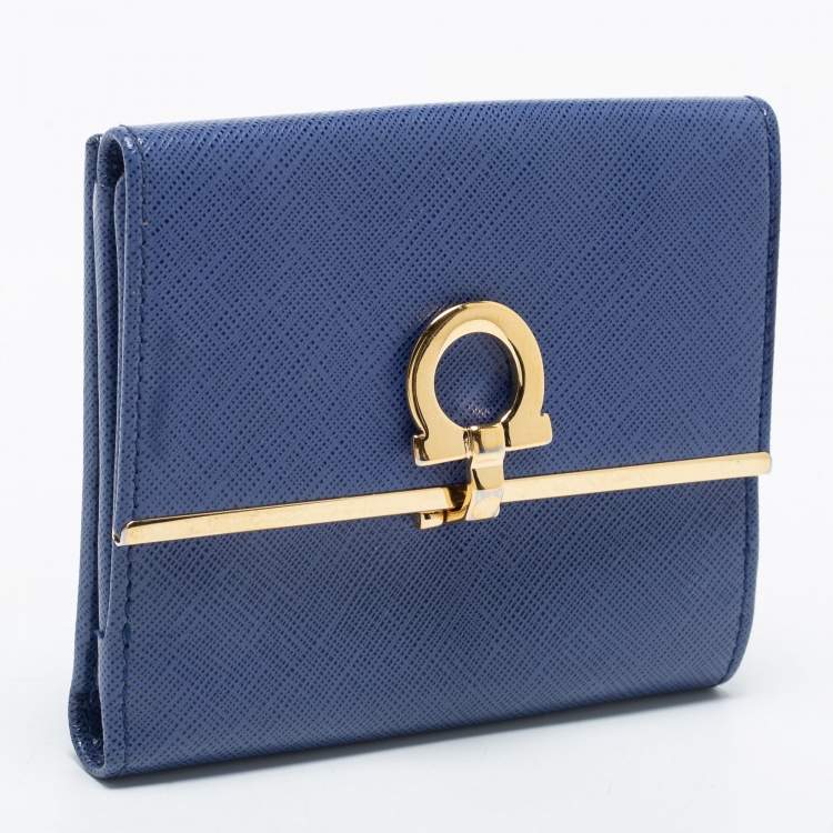 Pre Owned Salvatore Ferragamo Blue Leather Gancini Clip Compact Wallet