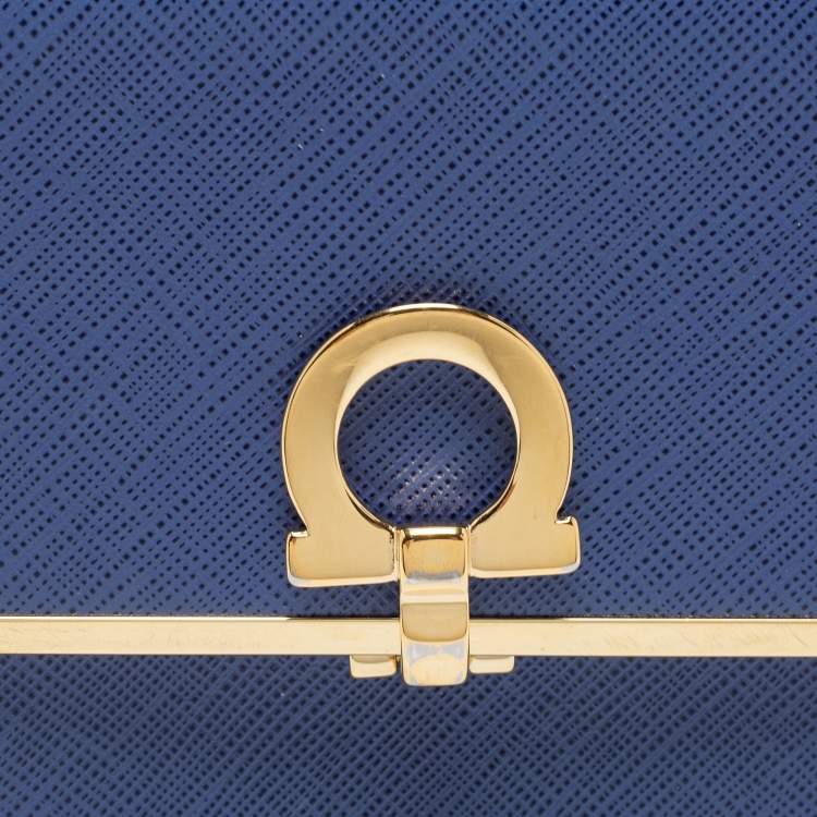 Pre Owned Salvatore Ferragamo Blue Leather Gancini Clip Compact Wallet