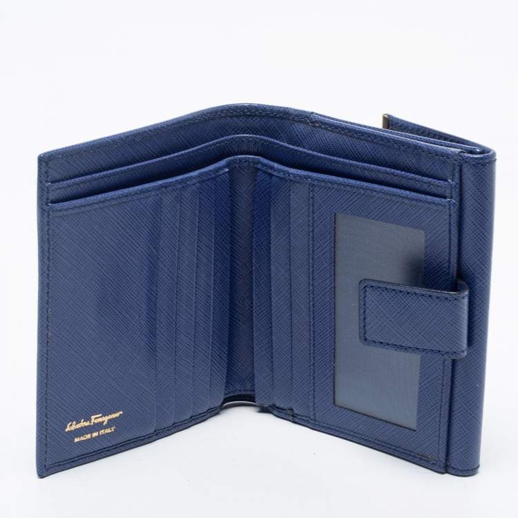 Pre Owned Salvatore Ferragamo Blue Leather Gancini Clip Compact Wallet