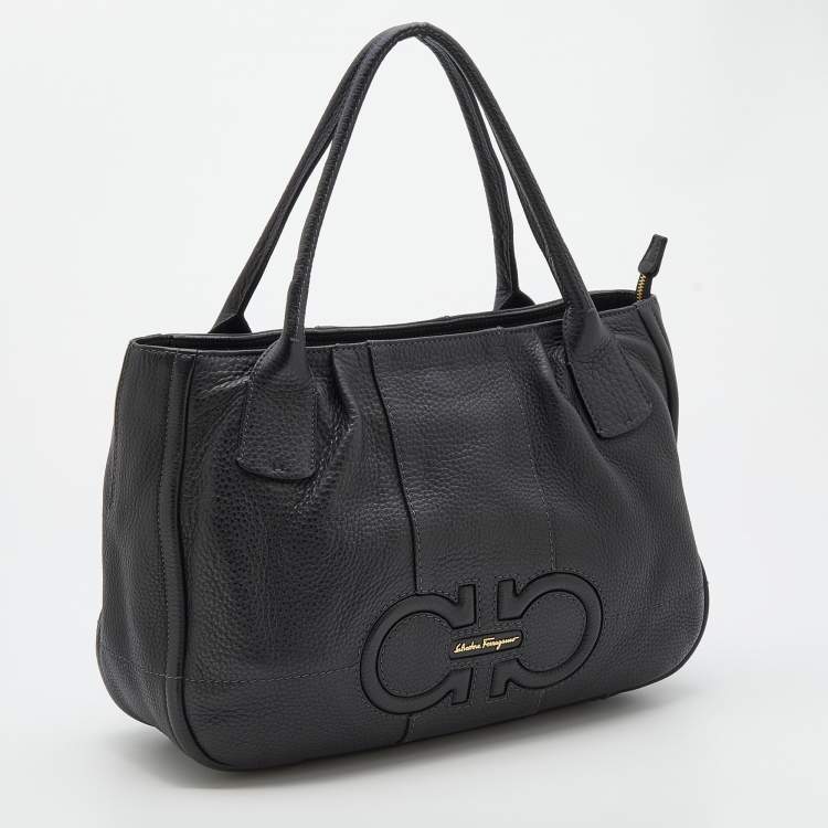 Pre Owned Salvatore Ferragamo Black Leather Gancini Logo Tote