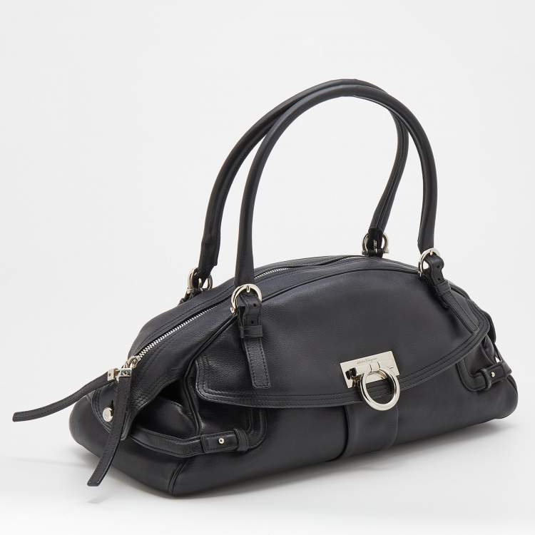 Pre Owned Salvatore Ferragamo Black Leather Gancini Satchel Bag