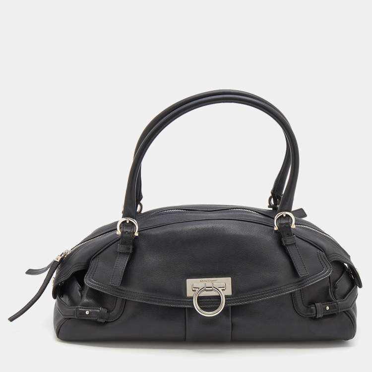 Pre Owned Salvatore Ferragamo Black Leather Gancini Satchel Bag