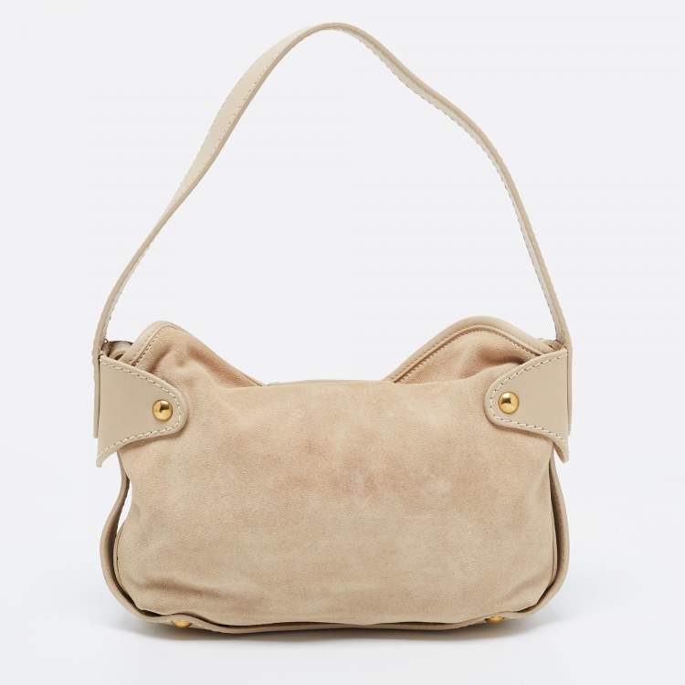 Pre Owned Salvatore Ferragamo Beige Suede Gancini Shoulder Bag