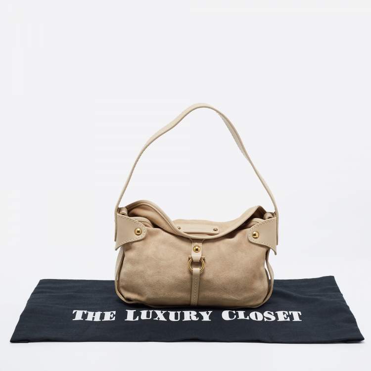 Pre Owned Salvatore Ferragamo Beige Suede Gancini Shoulder Bag