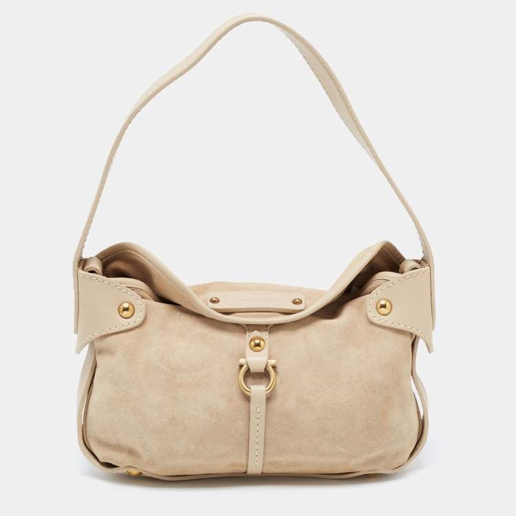 Pre Owned Salvatore Ferragamo Beige Suede Gancini Shoulder Bag