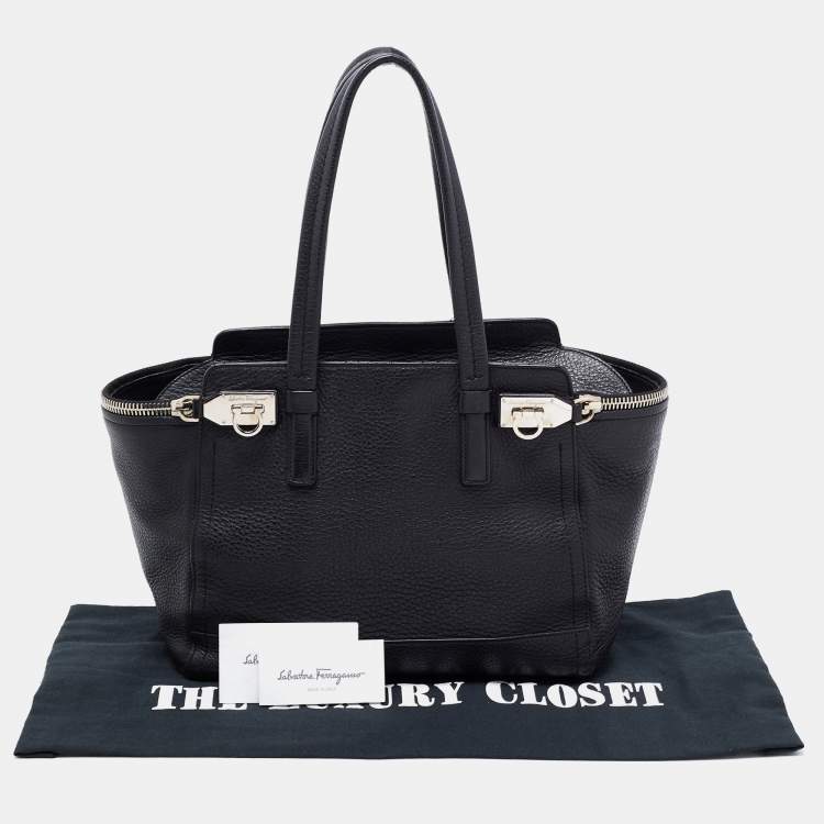 Pre Owned Salvatore Ferragamo Black Grained Leather Medium Verve Tote