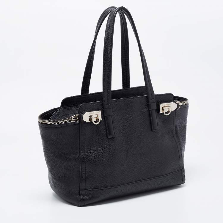 Pre Owned Salvatore Ferragamo Black Grained Leather Medium Verve Tote