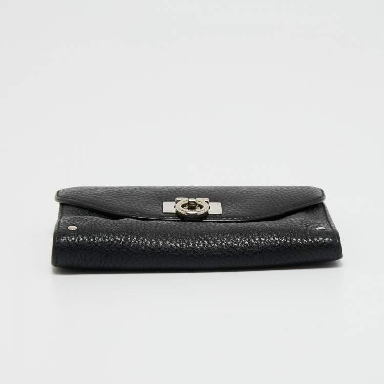 Pre Owned Salvatore Ferragamo Black Grained Leather Gancini Trifolfd Wallet