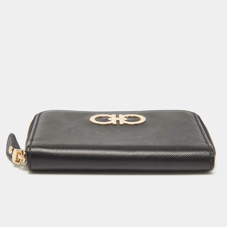 Pre Owned Salvatore Ferragamo Black Leather Double Gancio Zip Around Wallet