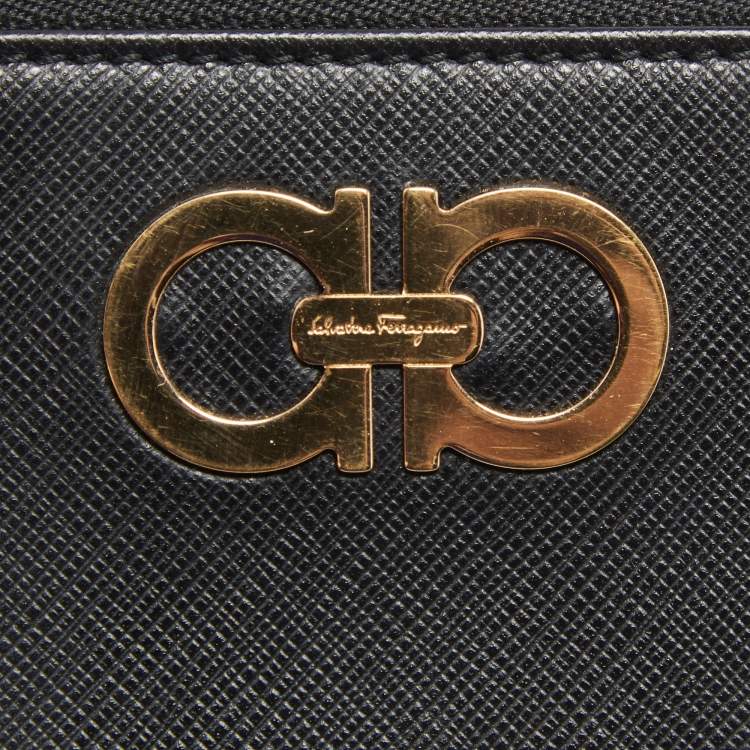 Pre Owned Salvatore Ferragamo Black Leather Double Gancio Zip Around Wallet