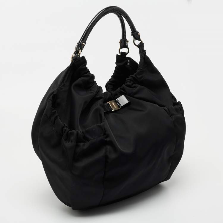 Pre Owned Salvatore Ferragamo Black Nylon and Patent Leather Hobo