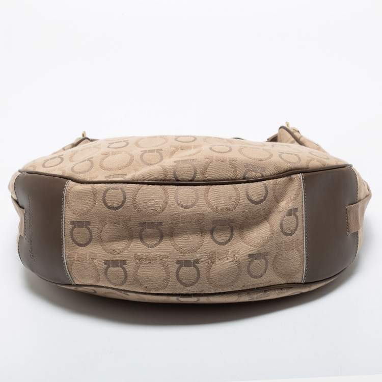 Pre Owned Salvatore Ferragamo Beige/Brown Leather And Canvas Hobo