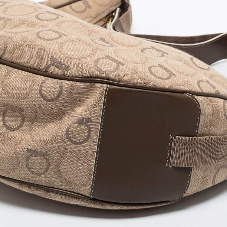 Pre Owned Salvatore Ferragamo Beige/Brown Leather And Canvas Hobo