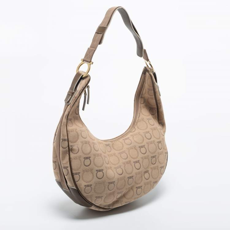 Pre Owned Salvatore Ferragamo Beige/Brown Leather And Canvas Hobo