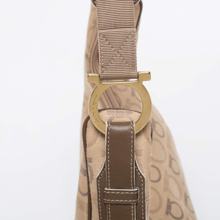 Pre Owned Salvatore Ferragamo Beige/Brown Leather And Canvas Hobo