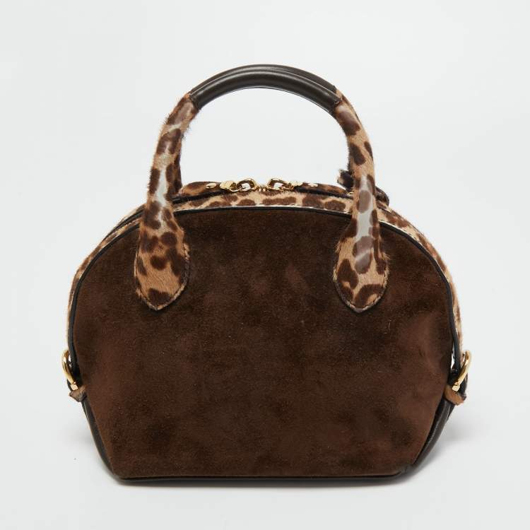 Pre Owned Salvatore Ferragamo Brown/Beige Calf Hair and Suede Fiamma Satchel