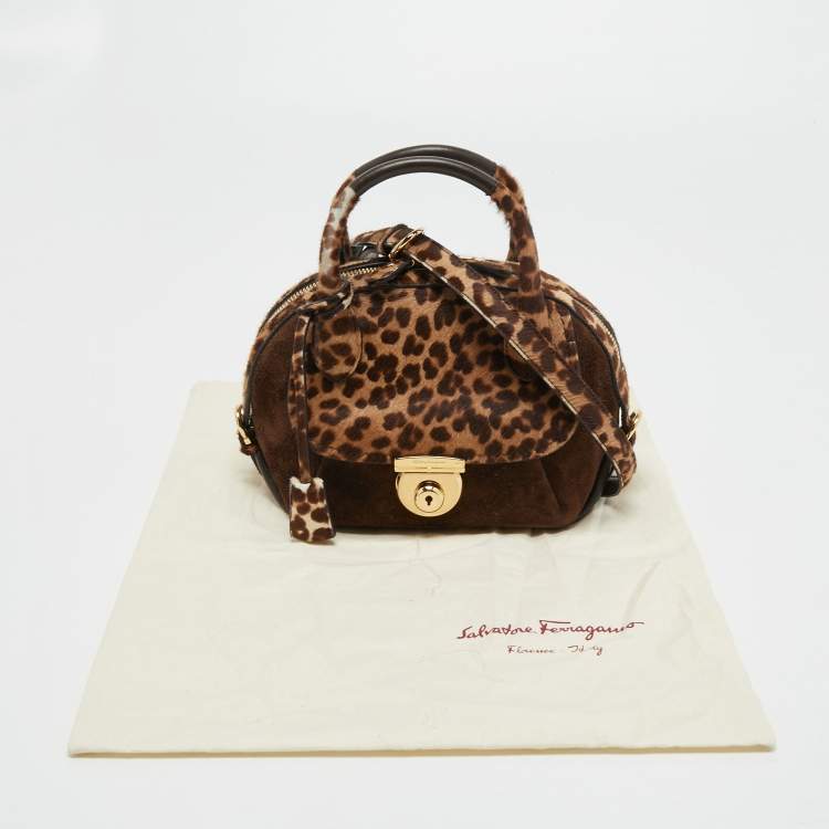 Pre Owned Salvatore Ferragamo Brown/Beige Calf Hair and Suede Fiamma Satchel