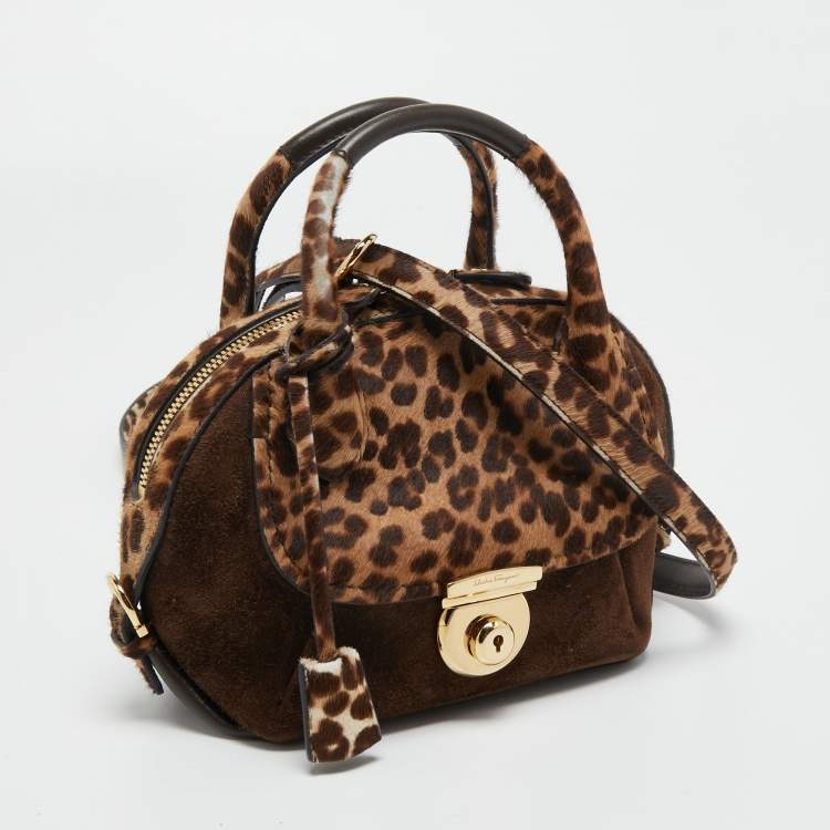 Pre Owned Salvatore Ferragamo Brown/Beige Calf Hair and Suede Fiamma Satchel