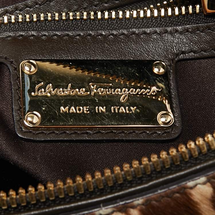 Pre Owned Salvatore Ferragamo Brown/Beige Calf Hair and Suede Fiamma Satchel