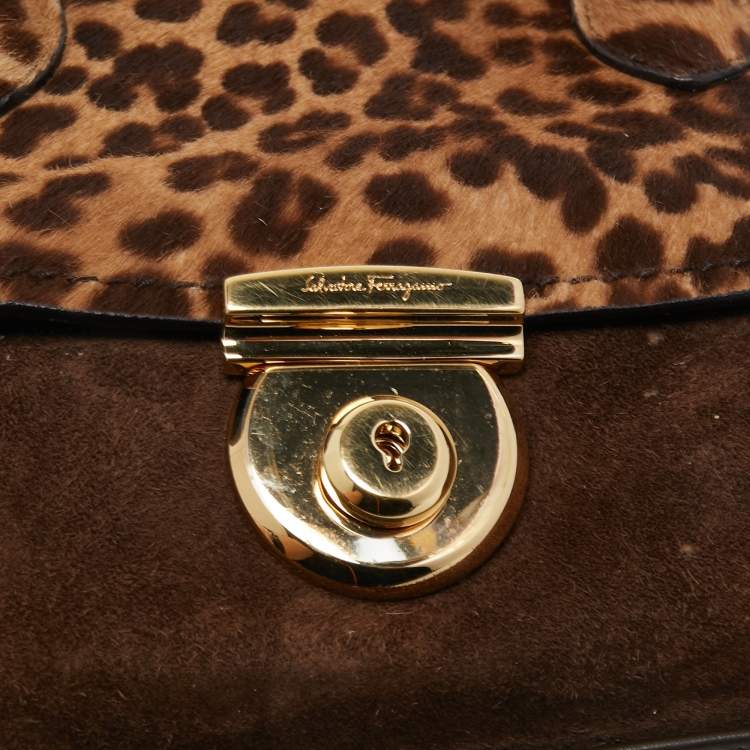 Pre Owned Salvatore Ferragamo Brown/Beige Calf Hair and Suede Fiamma Satchel