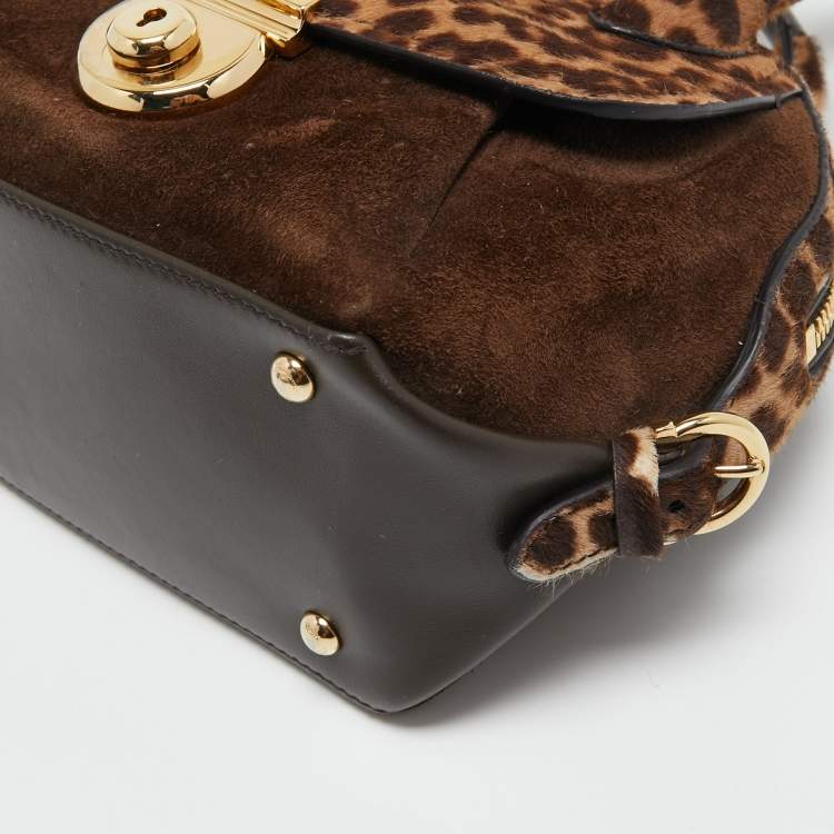 Pre Owned Salvatore Ferragamo Brown/Beige Calf Hair and Suede Fiamma Satchel