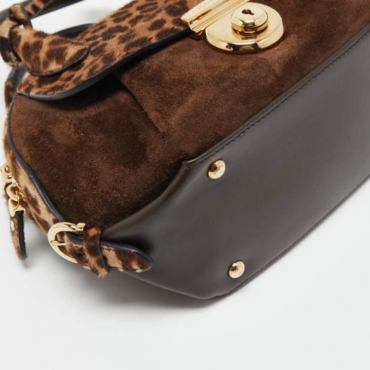 Pre Owned Salvatore Ferragamo Brown/Beige Calf Hair and Suede Fiamma Satchel