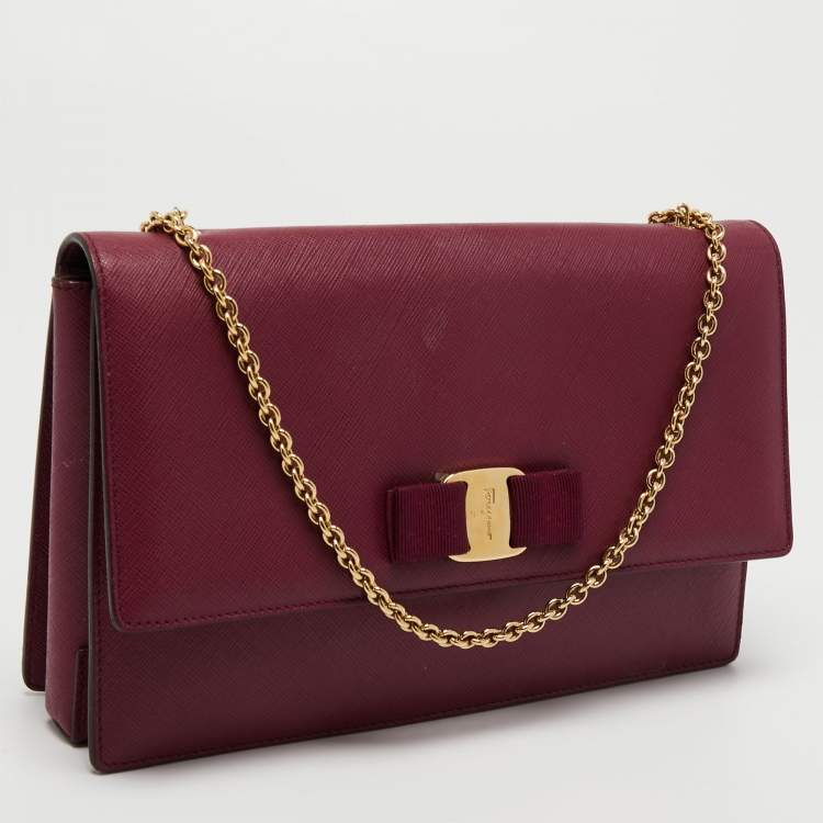 Pre Owned Salvatore Ferragamo Purple Leather Vara Bow Chain Shoulder Bag