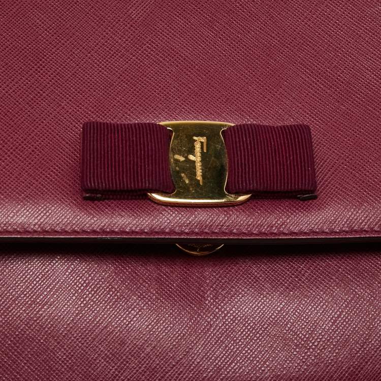 Pre Owned Salvatore Ferragamo Purple Leather Vara Bow Chain Shoulder Bag
