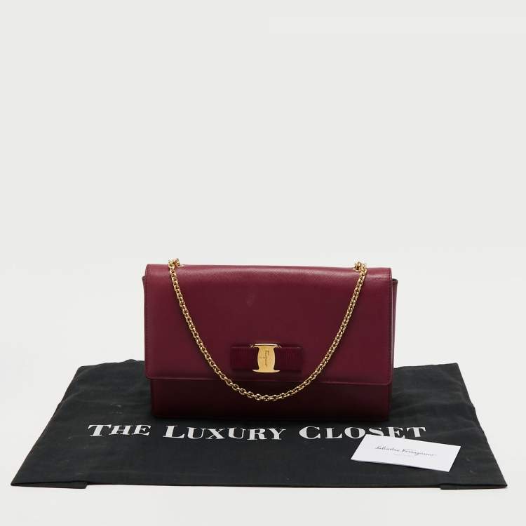 Pre Owned Salvatore Ferragamo Purple Leather Vara Bow Chain Shoulder Bag