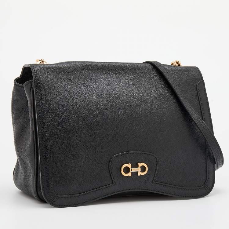 Pre Owned Salvatore Ferragamo Black Leather Gancini Flap Shoulder Bag