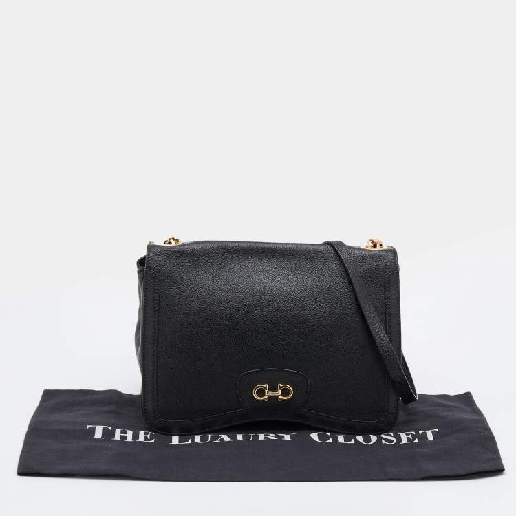 Pre Owned Salvatore Ferragamo Black Leather Gancini Flap Shoulder Bag