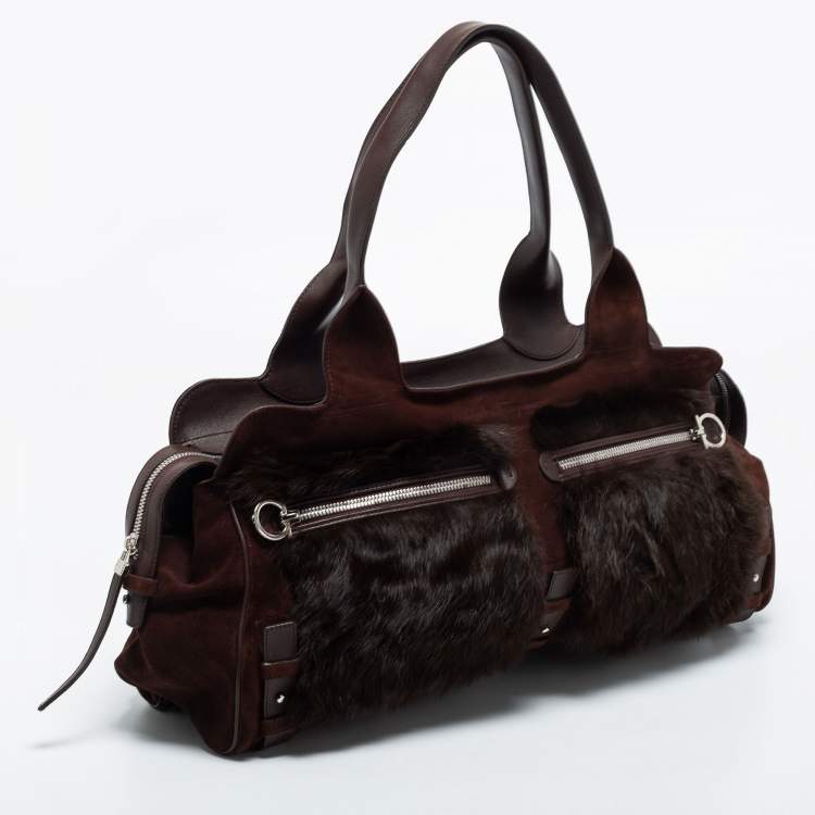Pre Owned Salvatore Ferragamo Dark Brown Suede, Leather and Fur Double Zip Shoulder Bag