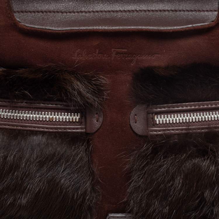 Pre Owned Salvatore Ferragamo Dark Brown Suede, Leather and Fur Double Zip Shoulder Bag