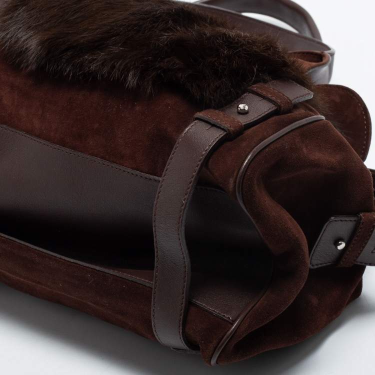 Pre Owned Salvatore Ferragamo Dark Brown Suede, Leather and Fur Double Zip Shoulder Bag
