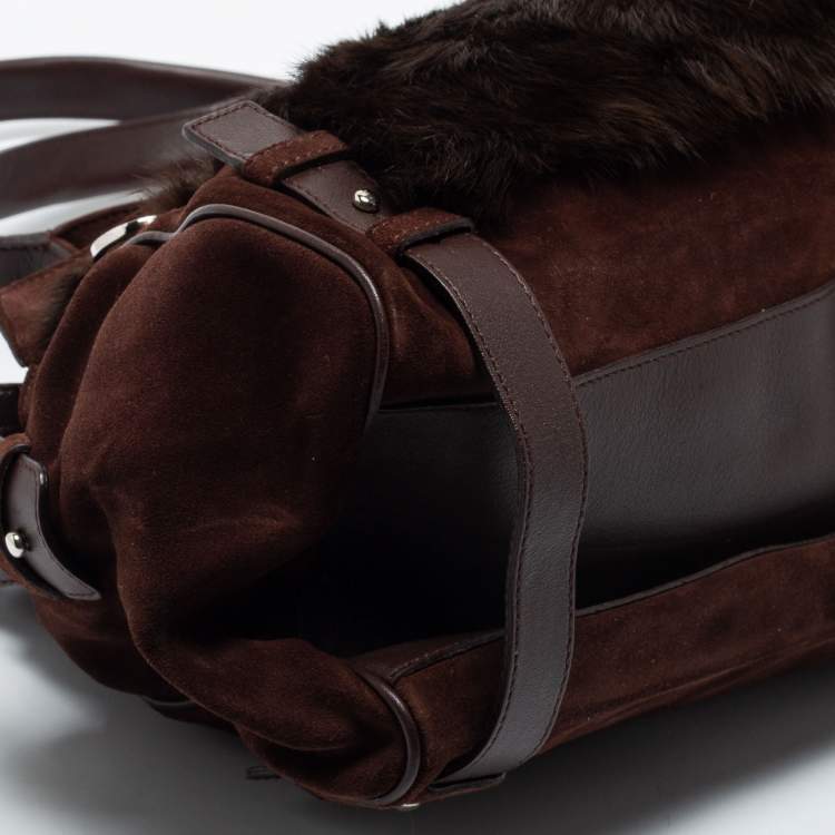 Pre Owned Salvatore Ferragamo Dark Brown Suede, Leather and Fur Double Zip Shoulder Bag