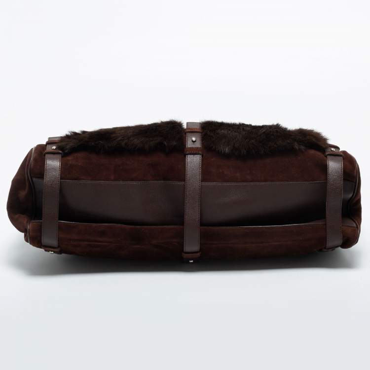Pre Owned Salvatore Ferragamo Dark Brown Suede, Leather and Fur Double Zip Shoulder Bag