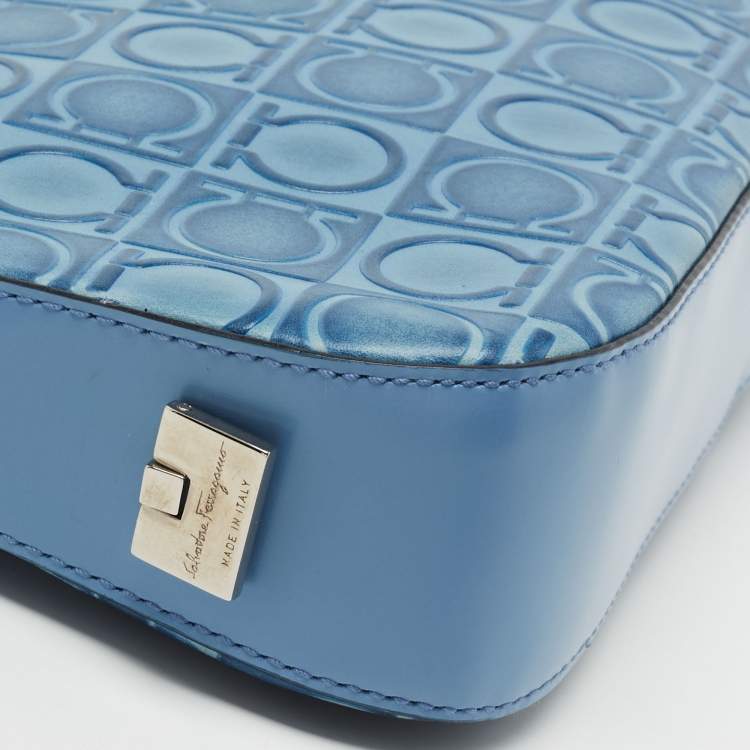 Pre Owned  Salvatore Ferragamo Blue Gancio Embossed Leather Baguette Bag