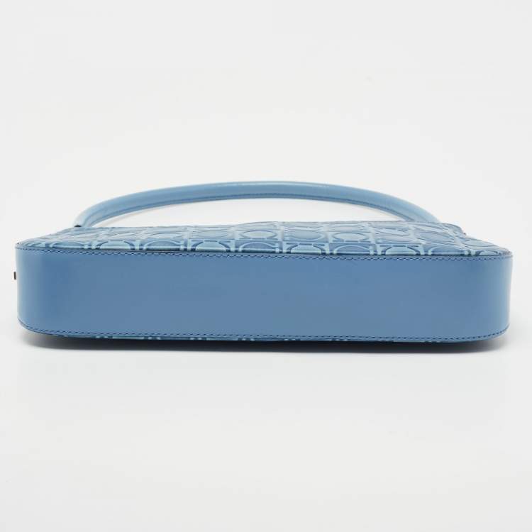 Pre Owned  Salvatore Ferragamo Blue Gancio Embossed Leather Baguette Bag