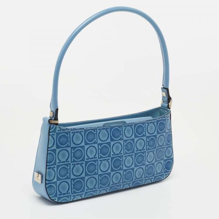 Pre Owned  Salvatore Ferragamo Blue Gancio Embossed Leather Baguette Bag