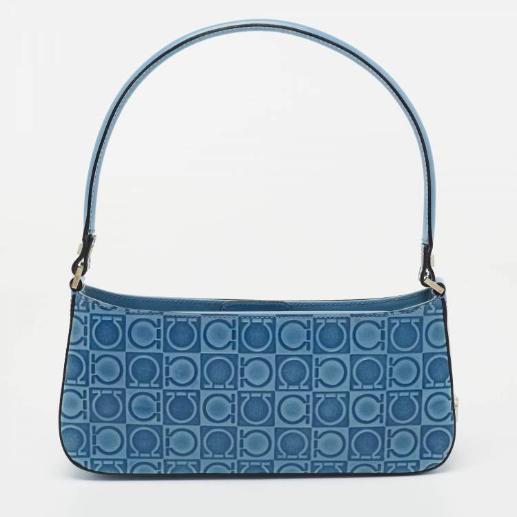 Pre Owned  Salvatore Ferragamo Blue Gancio Embossed Leather Baguette Bag