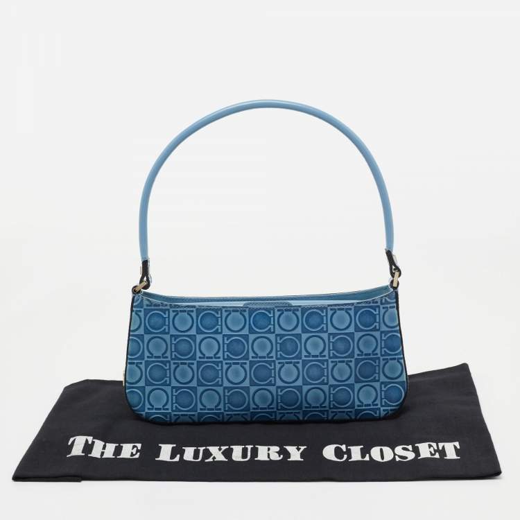 Pre Owned  Salvatore Ferragamo Blue Gancio Embossed Leather Baguette Bag