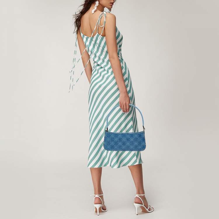 Pre Owned  Salvatore Ferragamo Blue Gancio Embossed Leather Baguette Bag