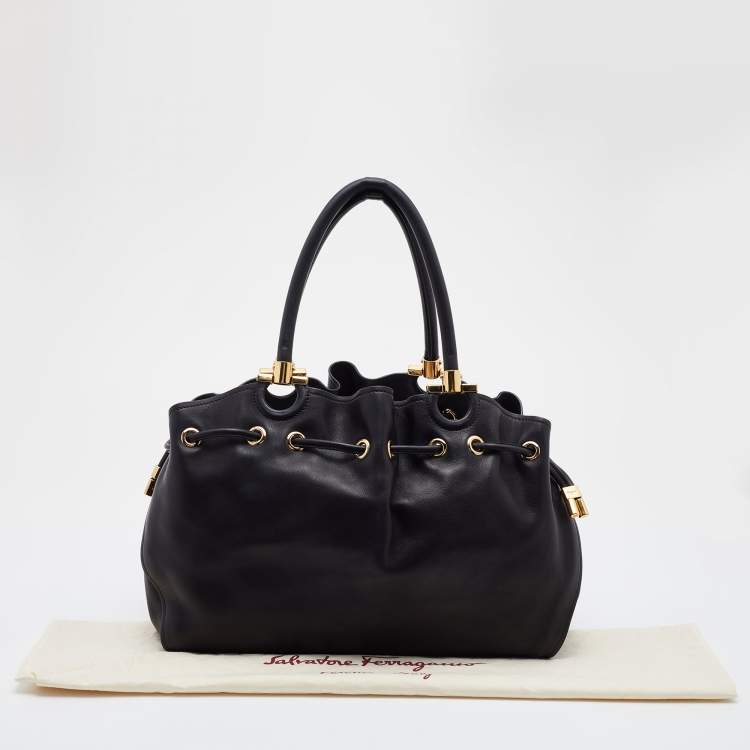 Pre Owned Salvatore Ferragamo Black Leather Sonia Tote