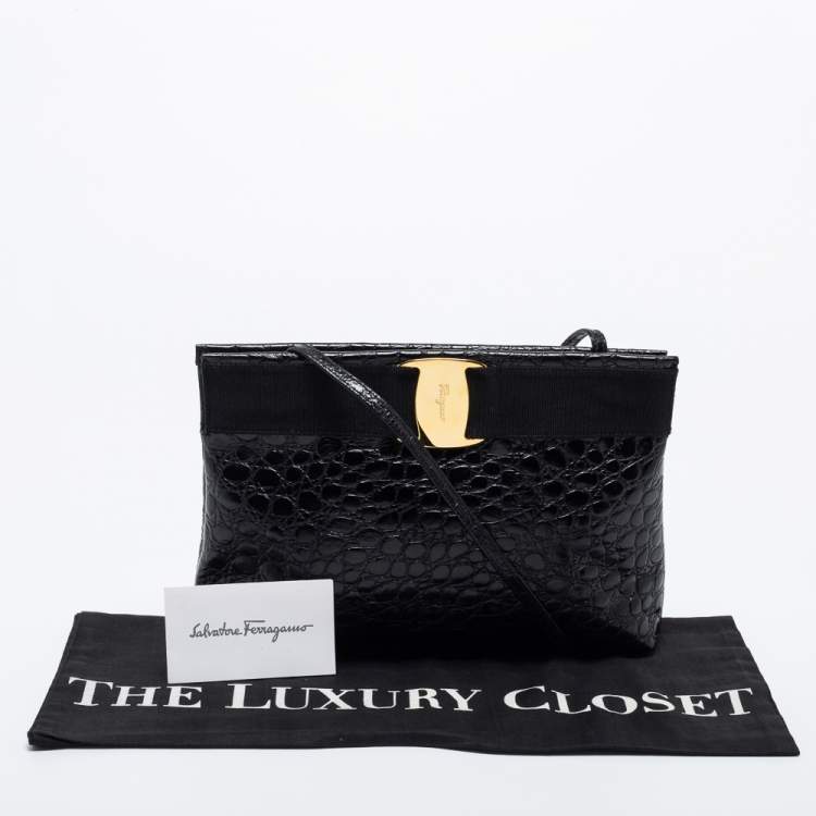 Pre Owned Salvatore Ferragamo Black Alligator Embossed Leather Shoulder Bag