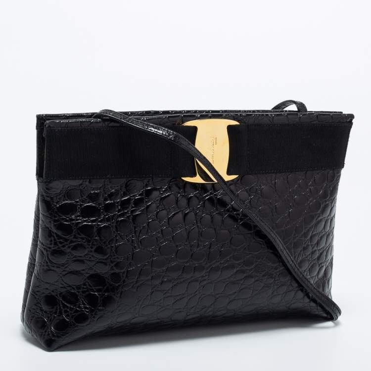 Pre Owned Salvatore Ferragamo Black Alligator Embossed Leather Shoulder Bag