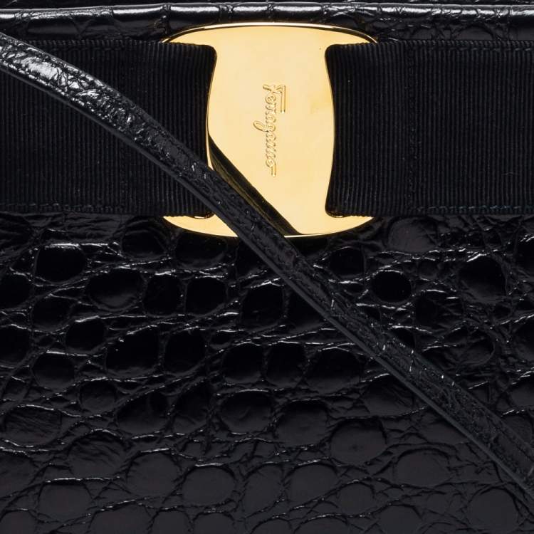 Pre Owned Salvatore Ferragamo Black Alligator Embossed Leather Shoulder Bag