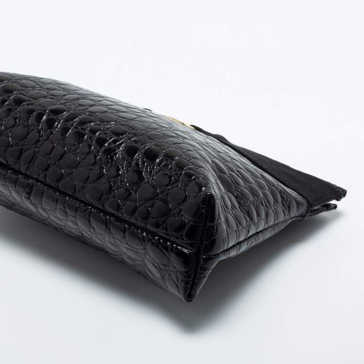 Pre Owned Salvatore Ferragamo Black Alligator Embossed Leather Shoulder Bag