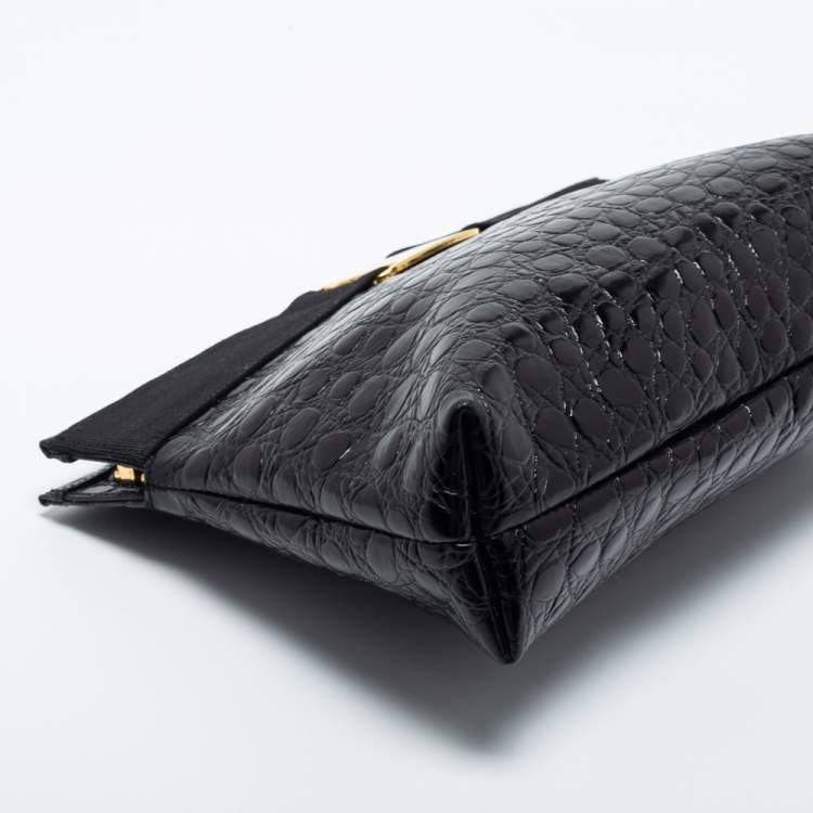 Pre Owned Salvatore Ferragamo Black Alligator Embossed Leather Shoulder Bag