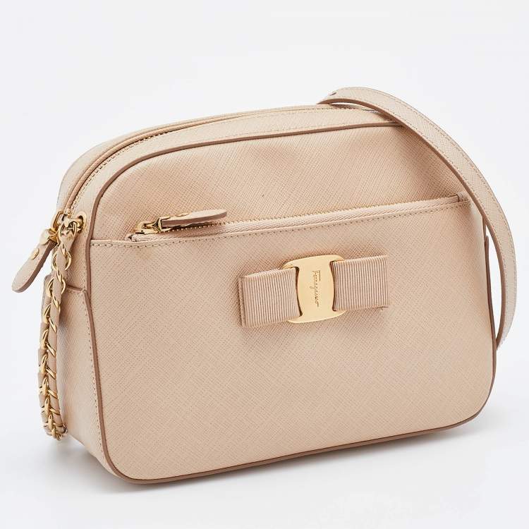 Pre Owned Salvatore Ferragamo Beige Saffiano Leather Vara Bow Shoulder Bag